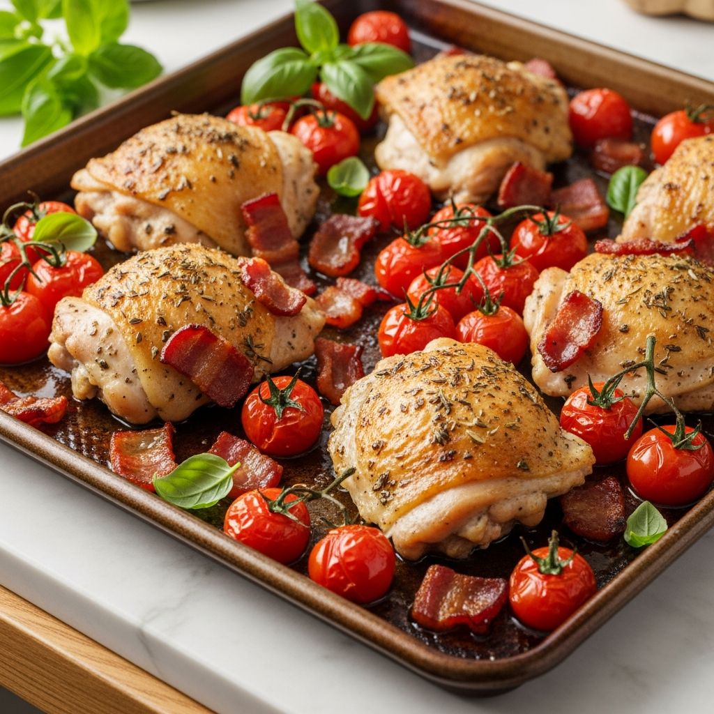 Effortless one-pan dinner featuring tender chicken thighs, sweet burst tomatoes, and crispy pancetta in a flavorful sauce.