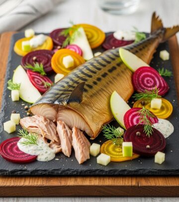 Discover a vibrant, flavor-packed dish combining smoky fish, earthy beets, crisp apples, and crunchy bread crisps for an effortless gourmet meal.