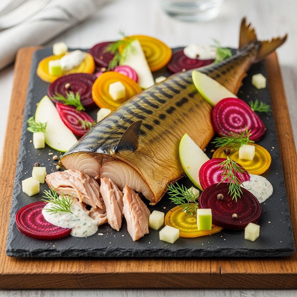 Discover a vibrant, flavor-packed dish combining smoky fish, earthy beets, crisp apples, and crunchy bread crisps for an effortless gourmet meal.