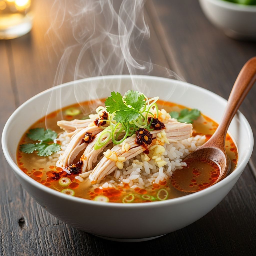 Discover a hearty chicken rice soup topped with crispy garlic chile oil for ultimate comfort and flavor.