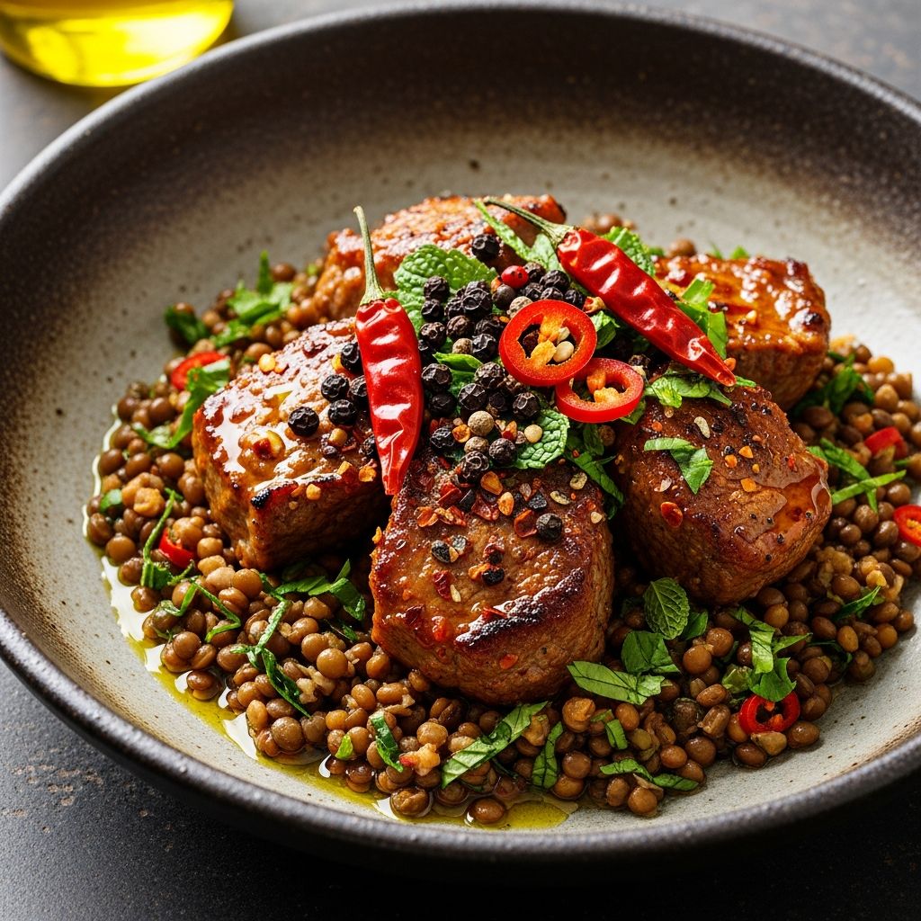Discover a bold fusion of crispy lamb, aromatic spices, and fresh herbs paired with nutty lentils for an unforgettable meal.