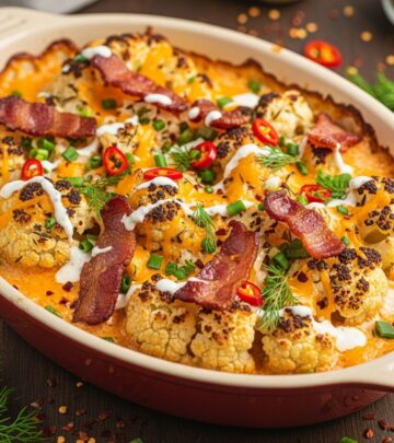 Transform everyday cauliflower into a bold, creamy casserole packed with buffalo spice, crispy bacon, and ranch flavors for a low-carb crowd-pleaser.