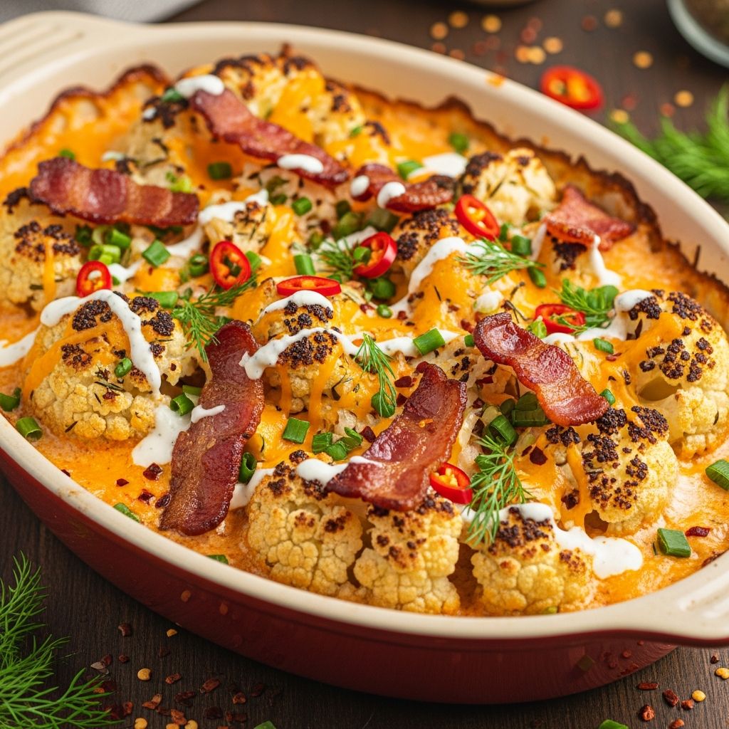 Transform everyday cauliflower into a bold, creamy casserole packed with buffalo spice, crispy bacon, and ranch flavors for a low-carb crowd-pleaser.