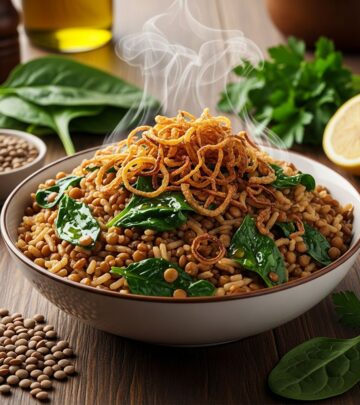 Discover a vibrant twist on classic Middle Eastern mujadara with nutrient-packed spinach, tender lentils, and aromatic rice for wholesome meals.