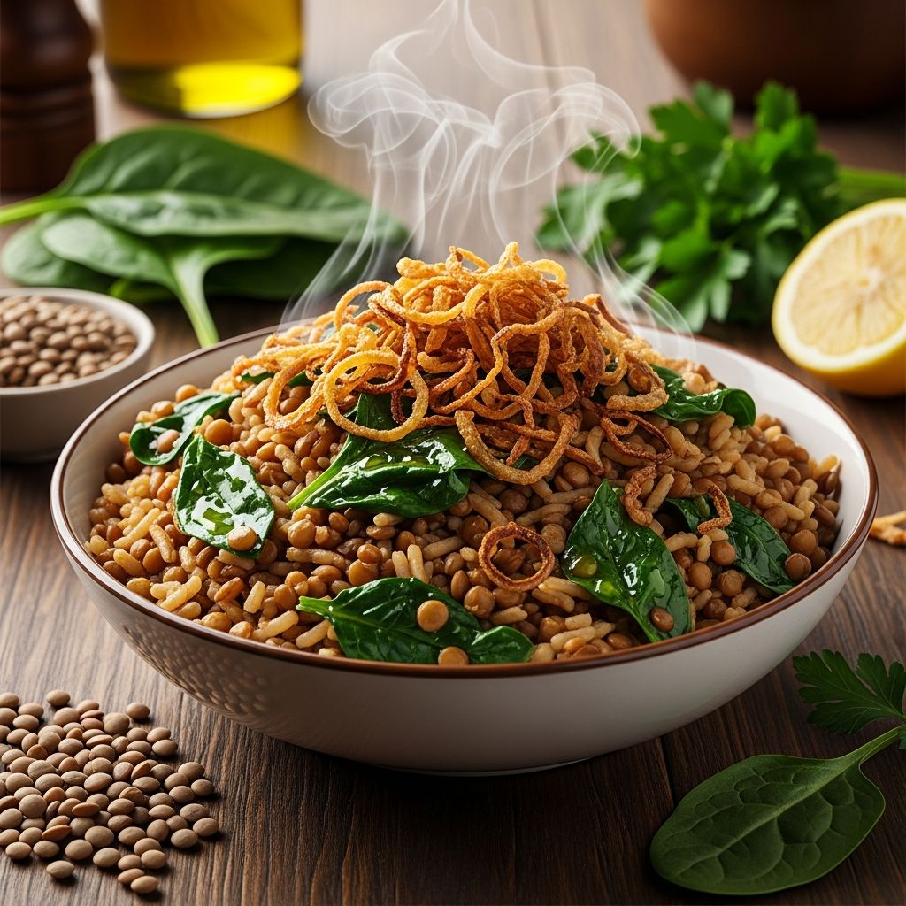 Discover a vibrant twist on classic Middle Eastern mujadara with nutrient-packed spinach, tender lentils, and aromatic rice for wholesome meals.