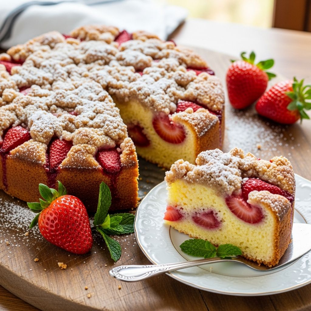 Master the art of baking a classic strawberry buckle with fresh berries and crispy streusel topping.