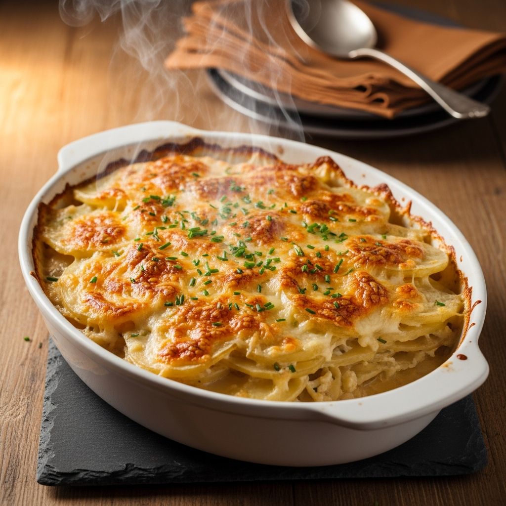 Unlock the ultimate comfort food with layers of creamy sauce and three irresistible cheeses in this crowd-pleasing scalloped potatoes recipe.