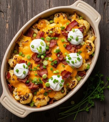 Discover the keto-friendly loaded cauliflower casserole that mimics mashed potatoes with cheese, bacon, and creamy goodness in every bite.