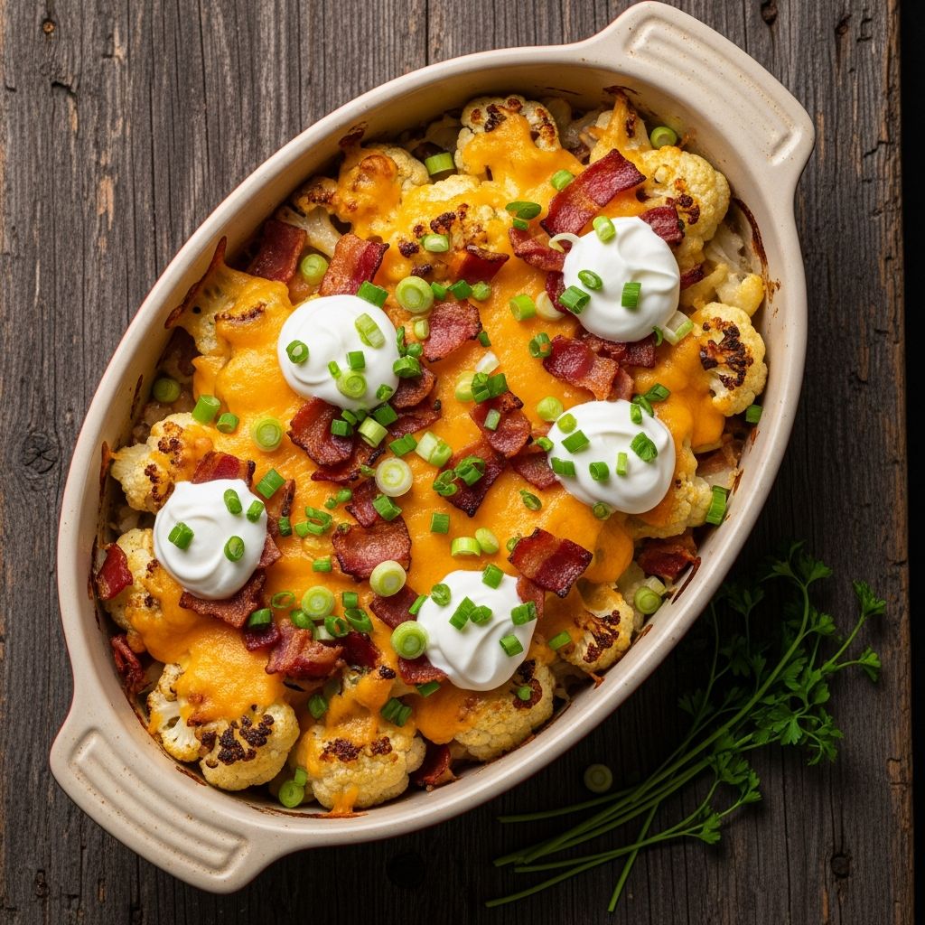 Discover the keto-friendly loaded cauliflower casserole that mimics mashed potatoes with cheese, bacon, and creamy goodness in every bite.