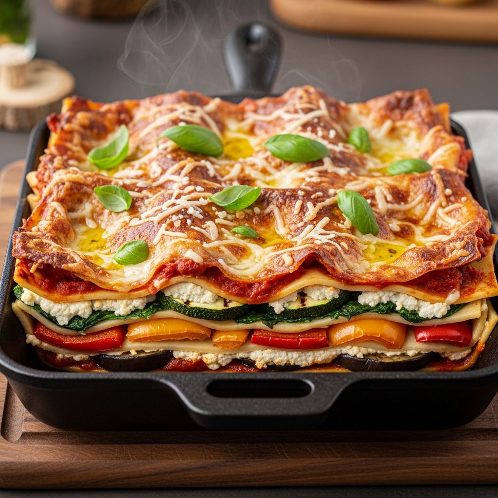 Discover a hearty, meat-free lasagna bursting with roasted veggies, creamy cheeses, and rich tomato sauce for the perfect family dinner.