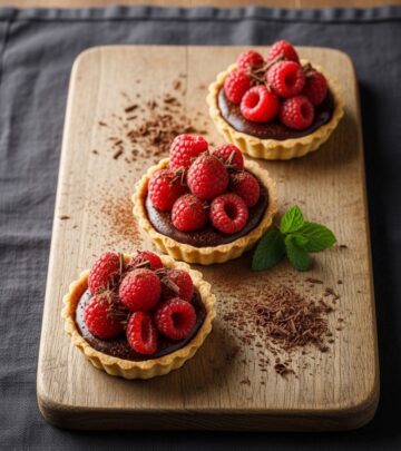 Decadent plant-based tarts combining rich chocolate ganache with fresh raspberries for an irresistible treat.
