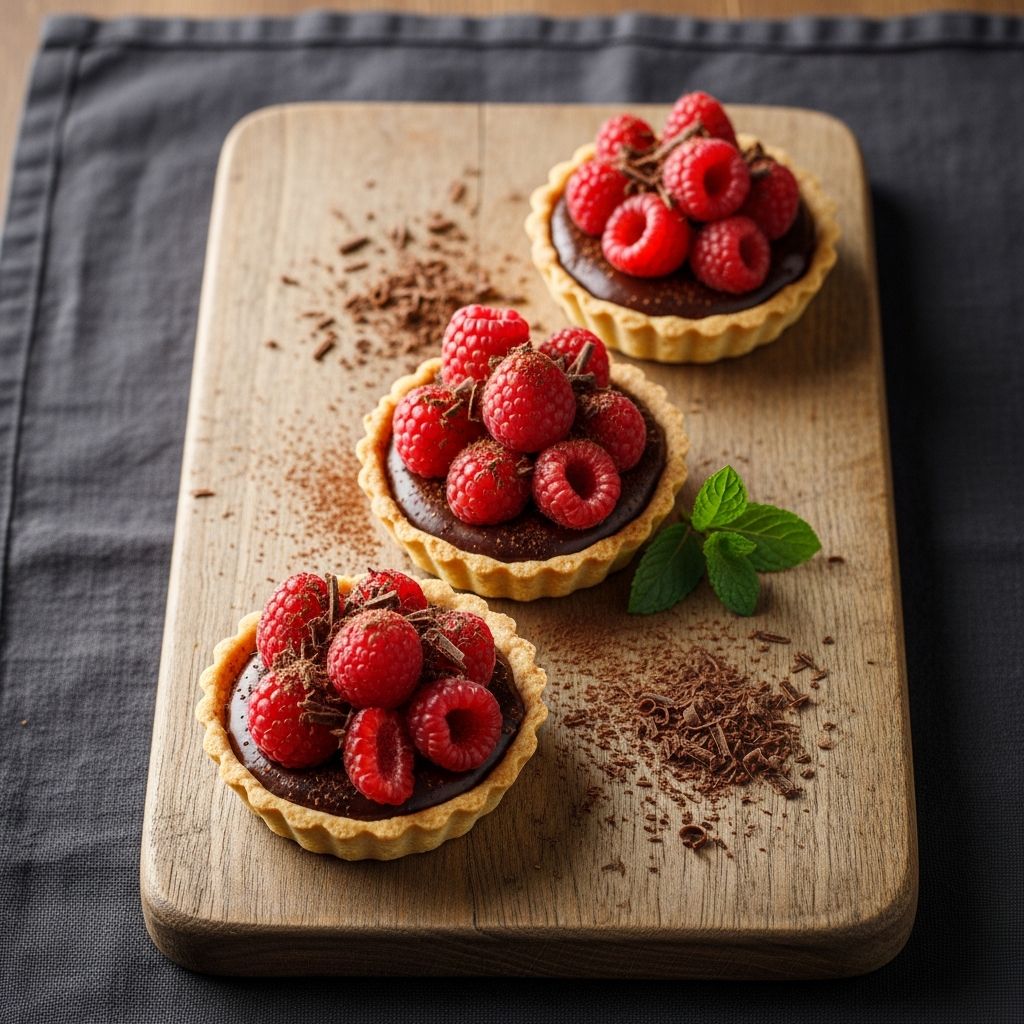 Decadent plant-based tarts combining rich chocolate ganache with fresh raspberries for an irresistible treat.