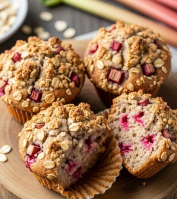Discover the joy of plant-based baking with these tender vegan rhubarb muffins crowned by a crunchy cinnamon streusel topping.