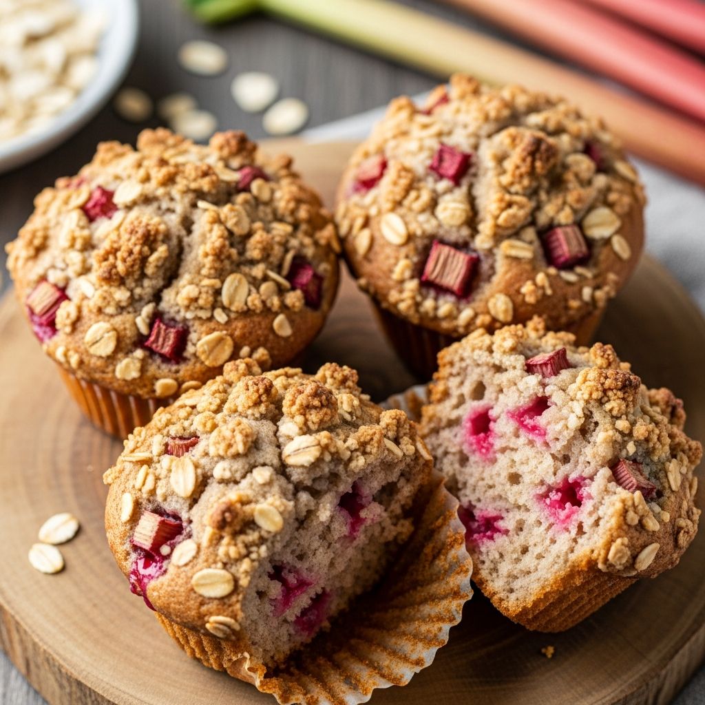 Discover the joy of plant-based baking with these tender vegan rhubarb muffins crowned by a crunchy cinnamon streusel topping.