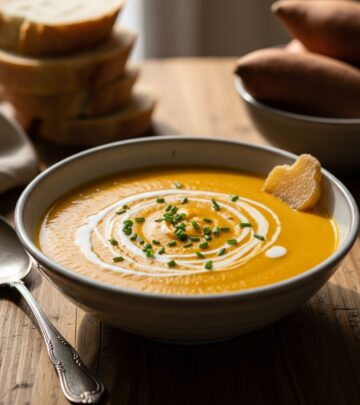Discover the ultimate cozy bowl: a creamy, ginger-infused sweet potato soup blending natural sweetness with warming spices for pure comfort.