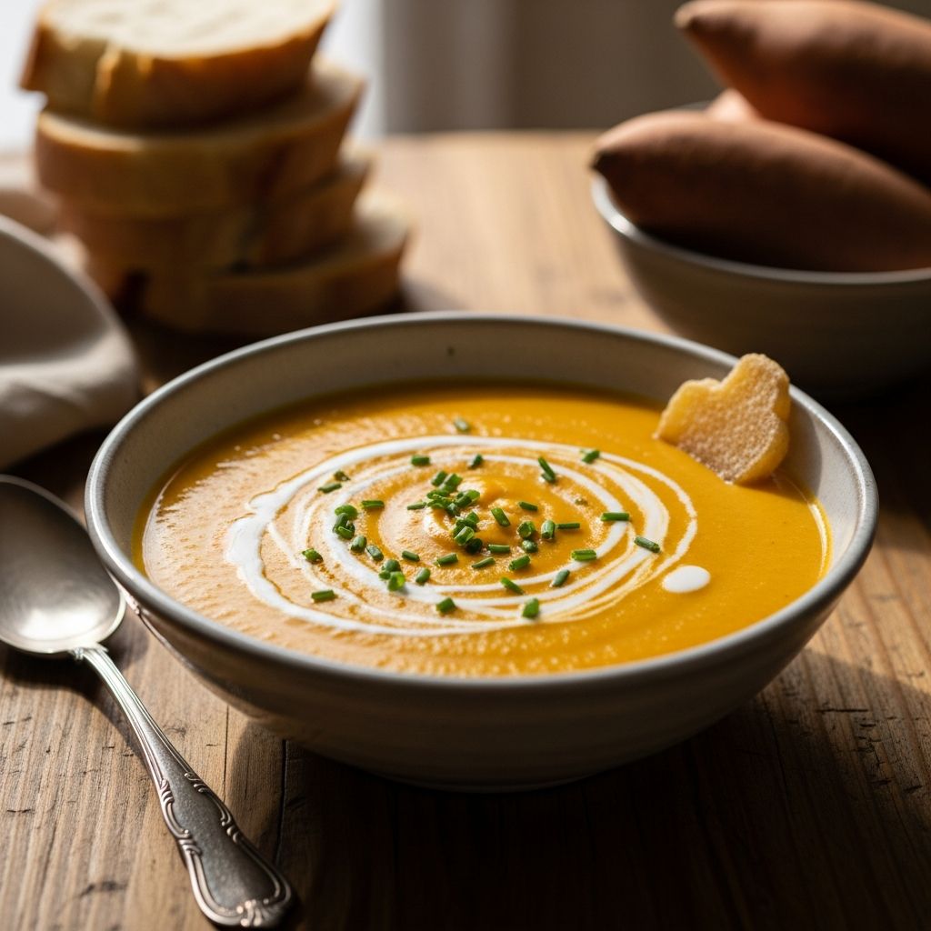 Discover the ultimate cozy bowl: a creamy, ginger-infused sweet potato soup blending natural sweetness with warming spices for pure comfort.