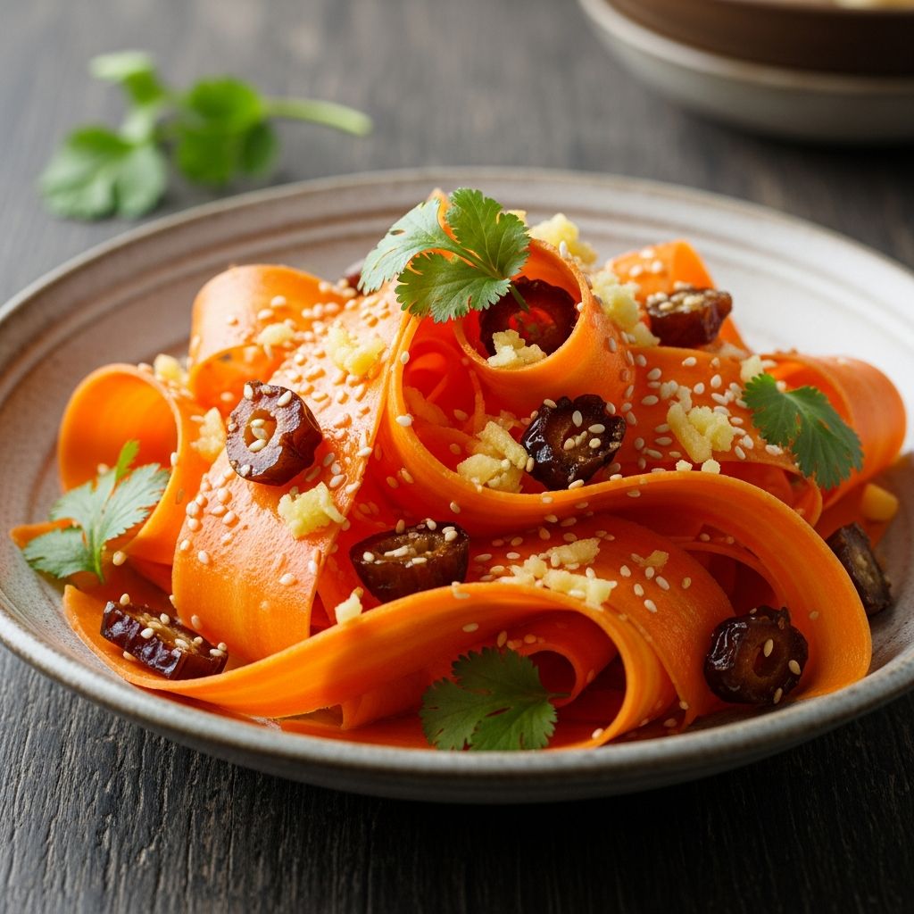 Discover a refreshing carrot ribbon salad blending sweet dates, zesty ginger, and crisp parsley for a healthy, flavorful side dish perfect for any meal.