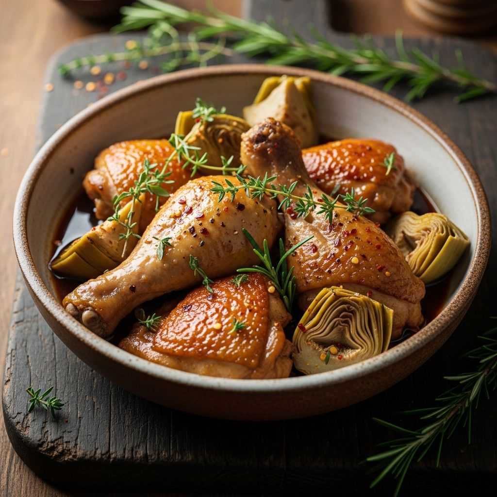 Wine-Braised Chicken with Artichokes Elevate weeknight dinners with this crispy-skinned chicken braised in white wine alongside tender artichokes for a burst of Mediterranean flavor.